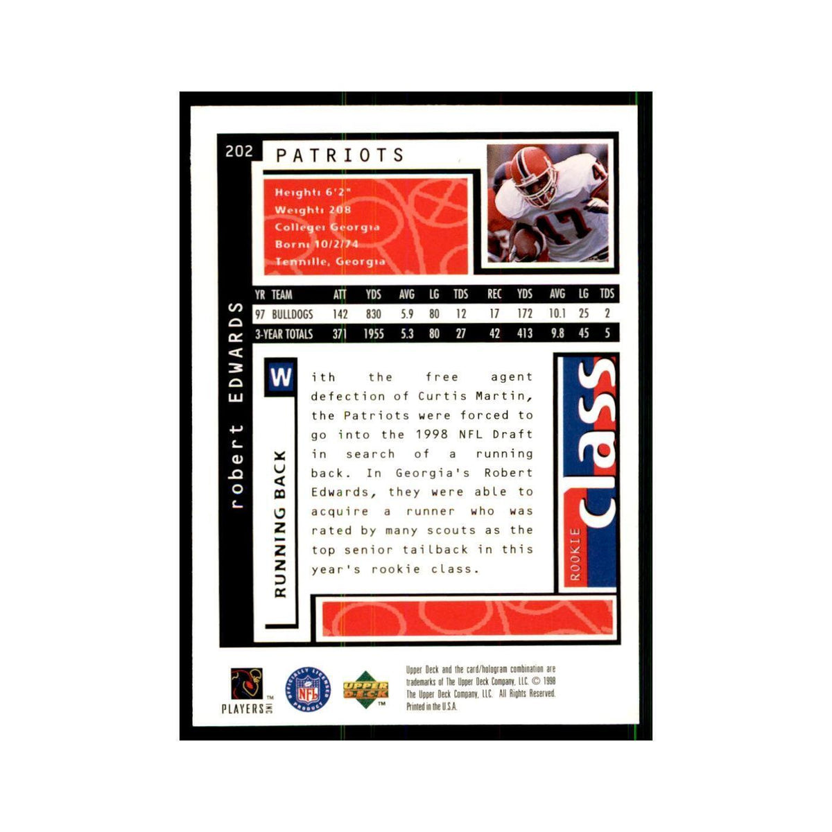 Robert Edwards Rookie 1998 UD Choice #202 Football Cards Football Card NM