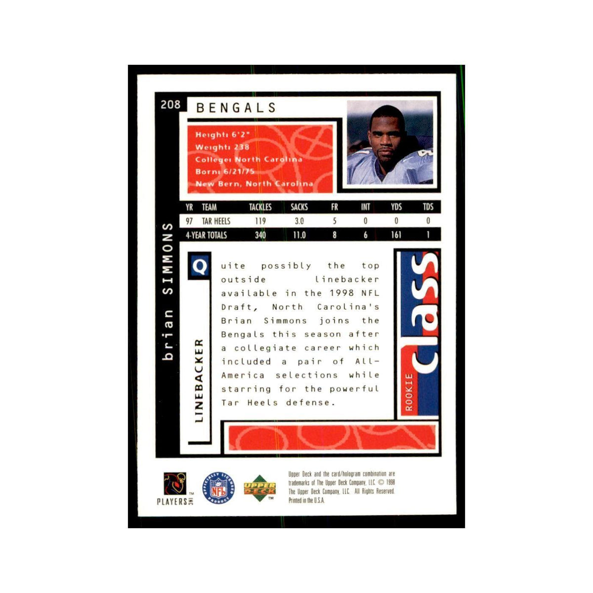 Brian Simmons Rookie 1998 UD Choice #208 Football Cards Football Card NM