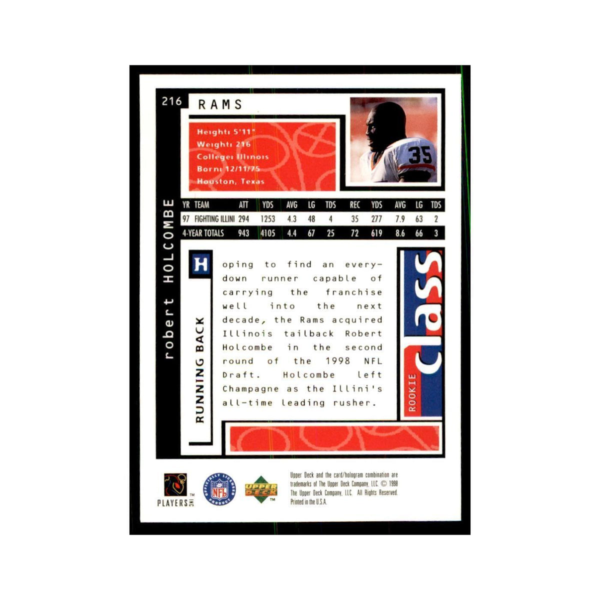Robert Holcombe Rookie 1998 UD Choice #216 Football Cards Football Card NM