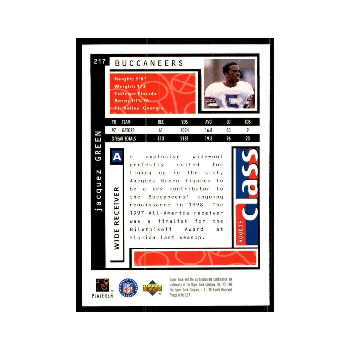 Jacquez Green Rookie 1998 UD Choice #217 Football Cards Football Card NM