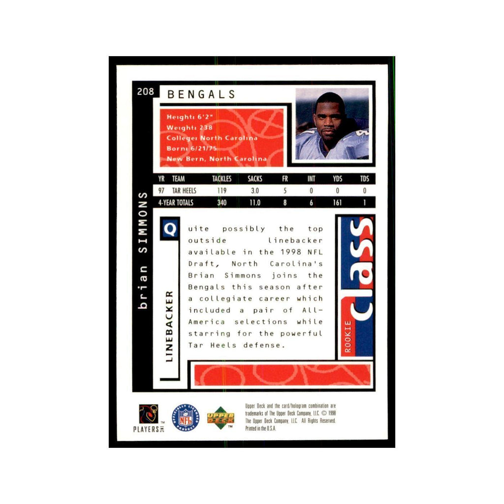Brian Simmons Rookie 1998 UD Choice #208 Football Cards Football Card NM