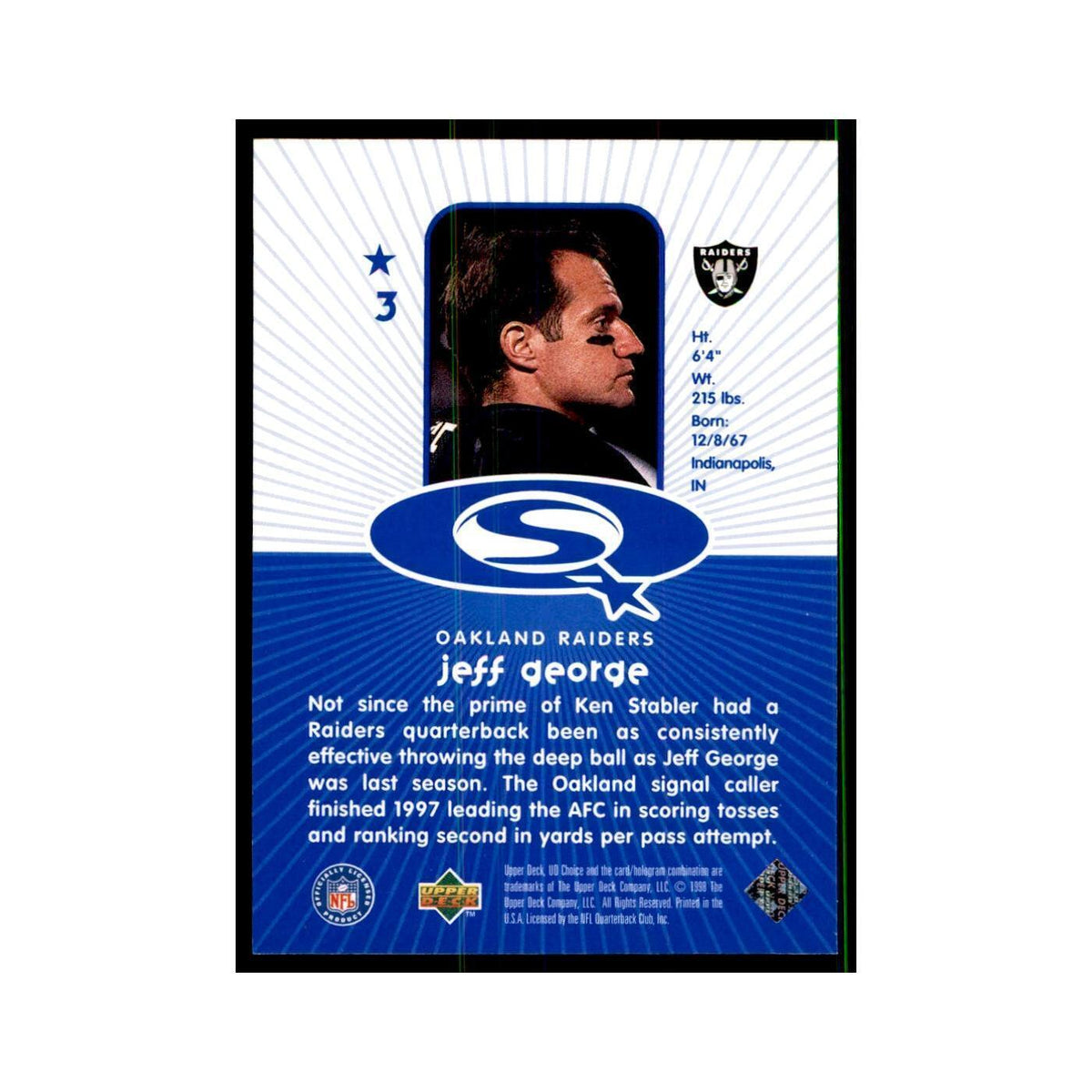 Jeff George 1998 UD Choice #3 Football Cards Football Card NM