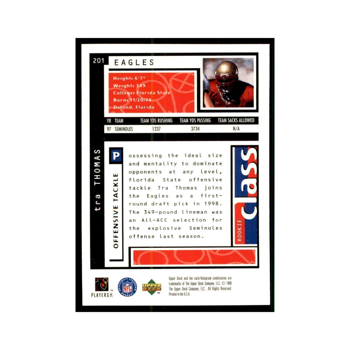 Tra Thomas Rookie 1998 UD Choice #201 Football Cards Football Card NM