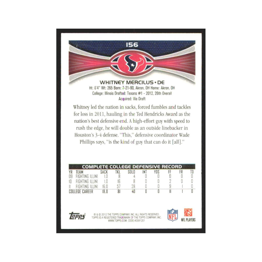 Whitney Mercilus Rookie 2012 Topps #156 Houston Texans Football Card NM
