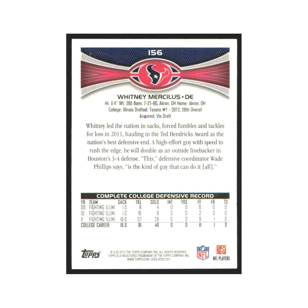 Whitney Mercilus Rookie 2012 Topps #156 Houston Texans Football Card NM