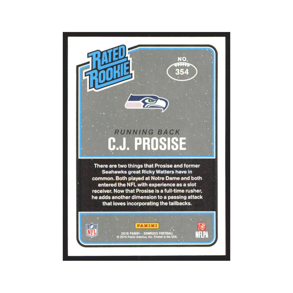 C.J. Prosise Rookie 2016 Donruss #354 Seattle Seahawks Football Card NM