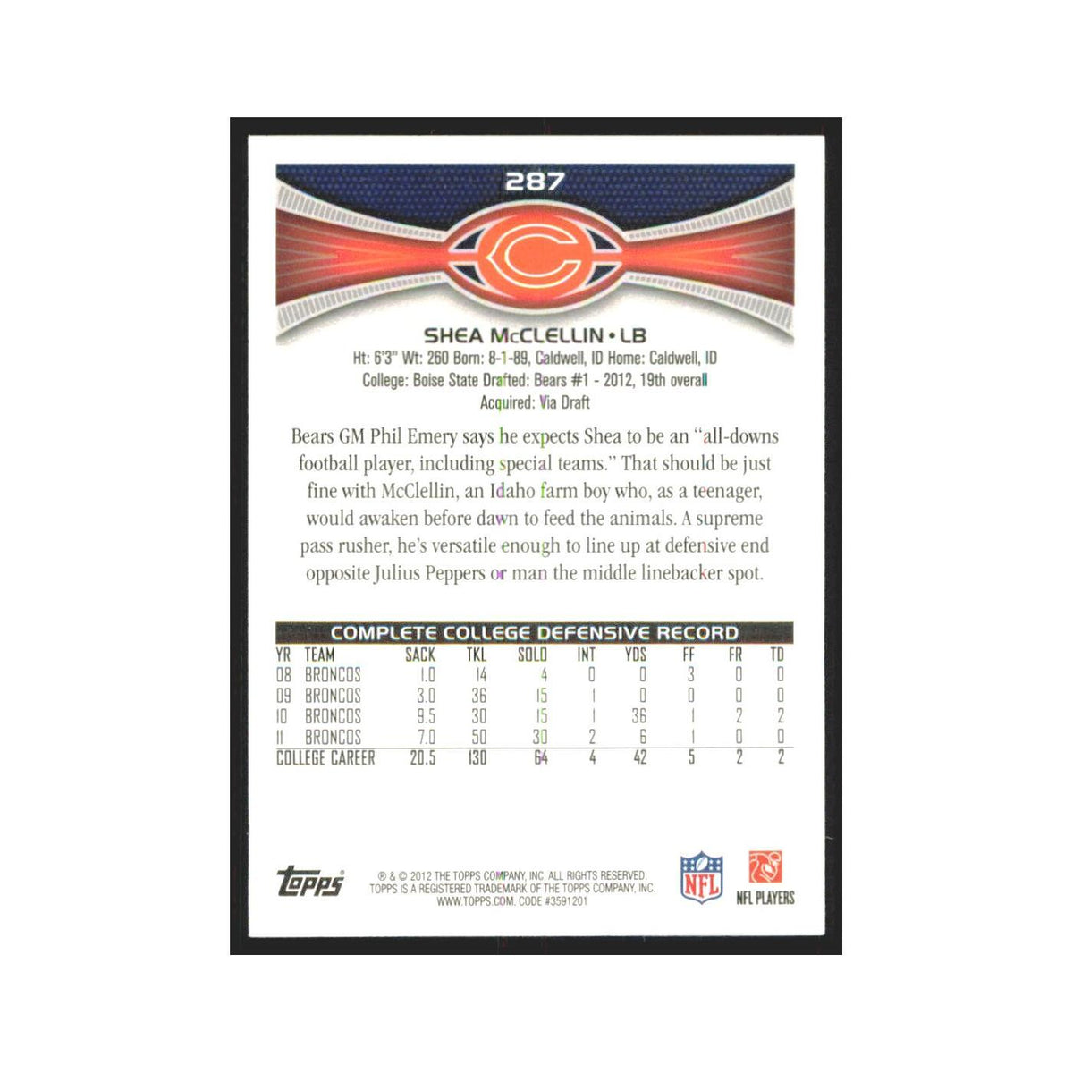 Shea McClellin Rookie 2012 Topps #287 Chicago Bears Football Card NM