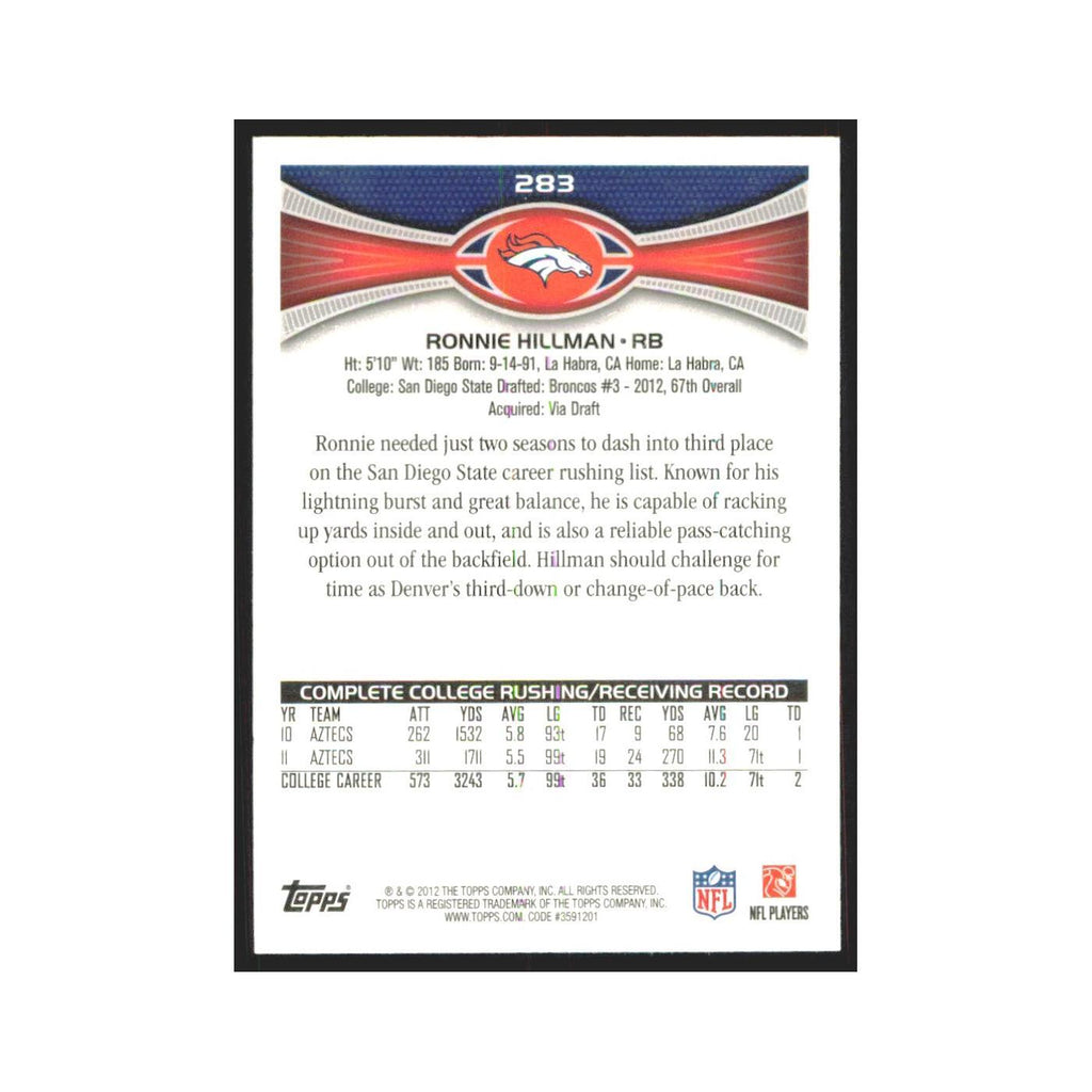 Ronnie Hillman Rookie 2012 Topps #283 Denver Broncos Football Card NM