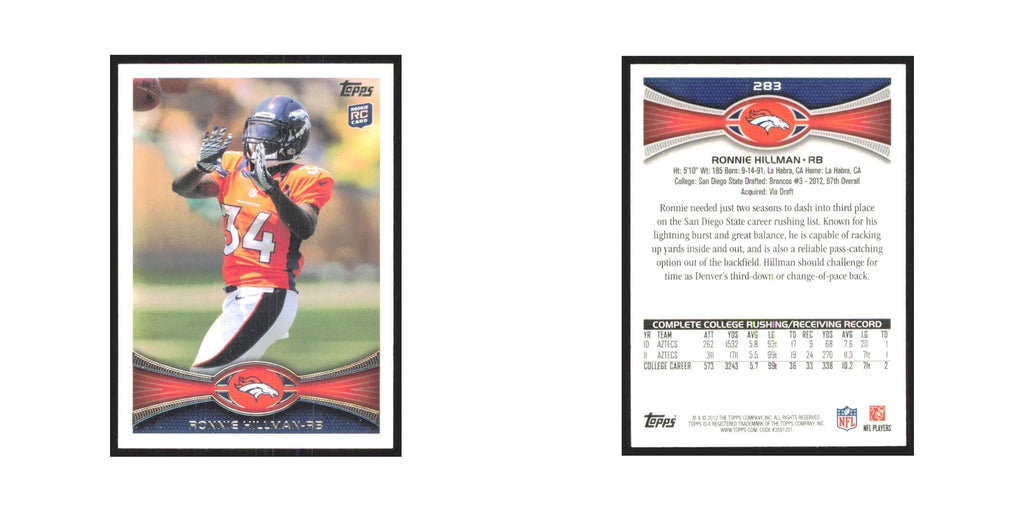 Ronnie Hillman Rookie 2012 Topps #283 Denver Broncos Football Card NM