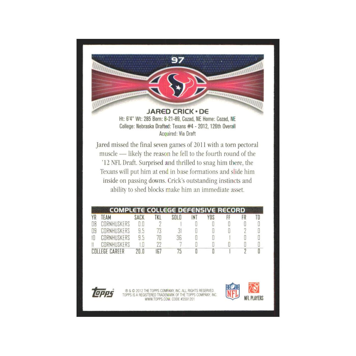 Jared Crick Rookie 2012 Topps #97 Houston Texans Football Card NM