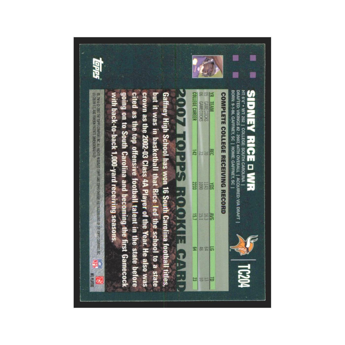 Sidney Rice 2007 Topps Chrome #TC204 Minnesota Vikings Football Card NM