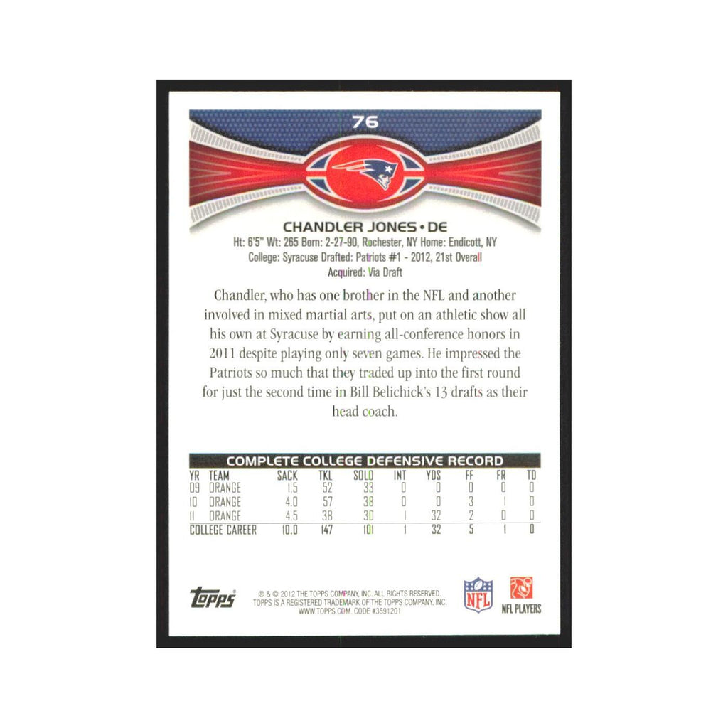 Chandler Jones Rookie 2012 Topps #76 New England Patriots Football Card NM