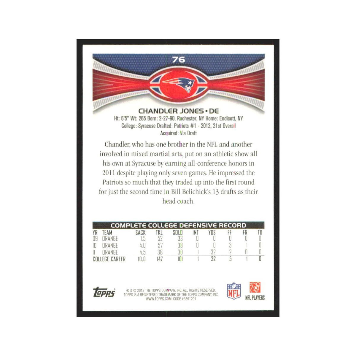 Chandler Jones Rookie 2012 Topps #76 New England Patriots Football Card NM