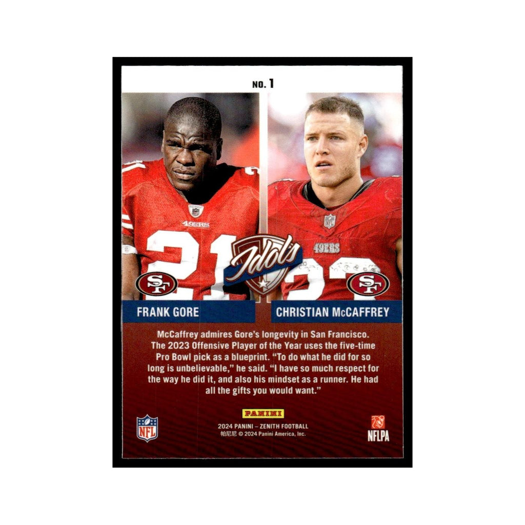 Christian McCaffrey Frank Gore 2024 Panini Zenith Idols #1 49ers NM