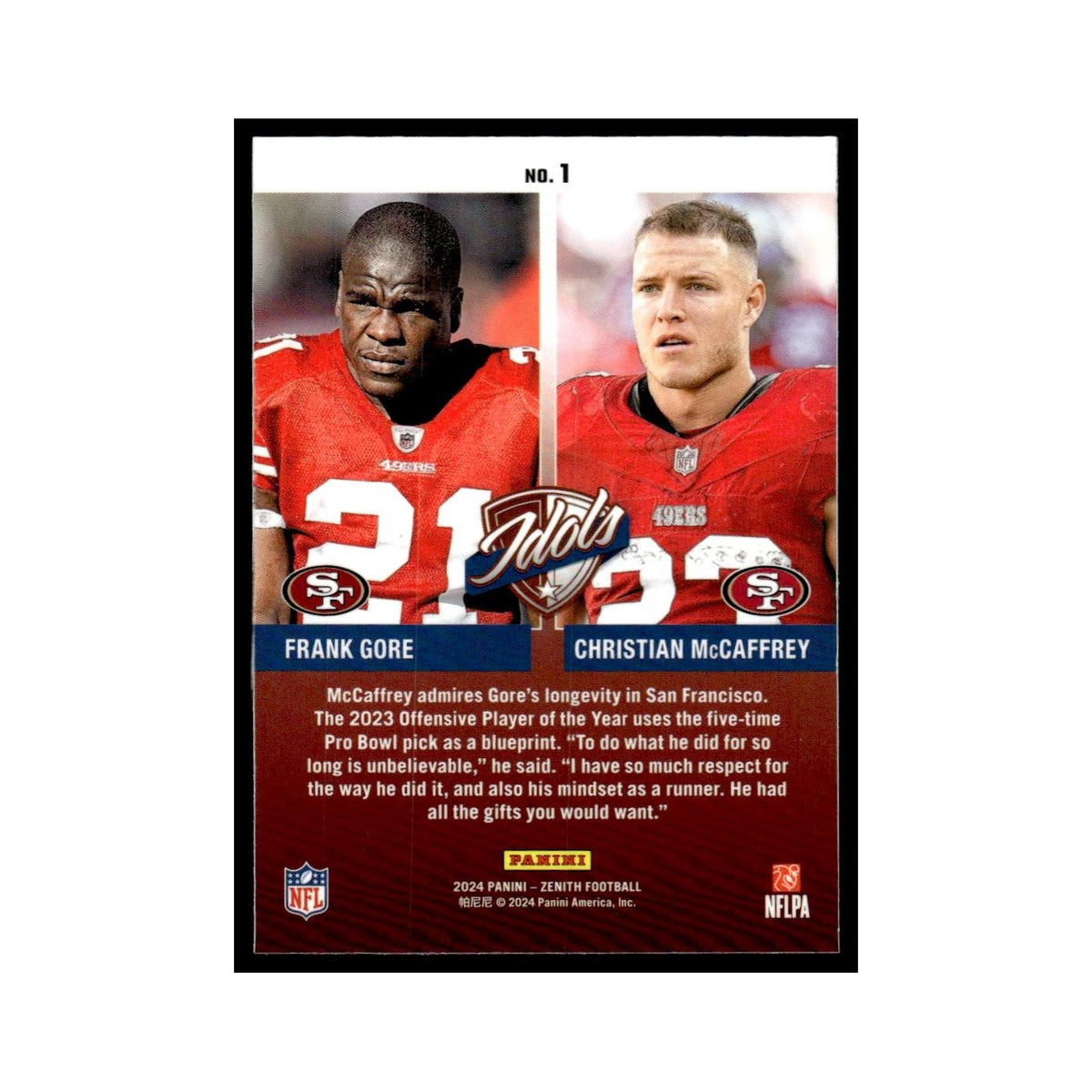 Christian McCaffrey Frank Gore 2024 Panini Zenith Idols #1 49ers NM