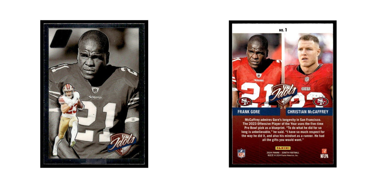Christian McCaffrey Frank Gore 2024 Panini Zenith Idols #1 49ers NM