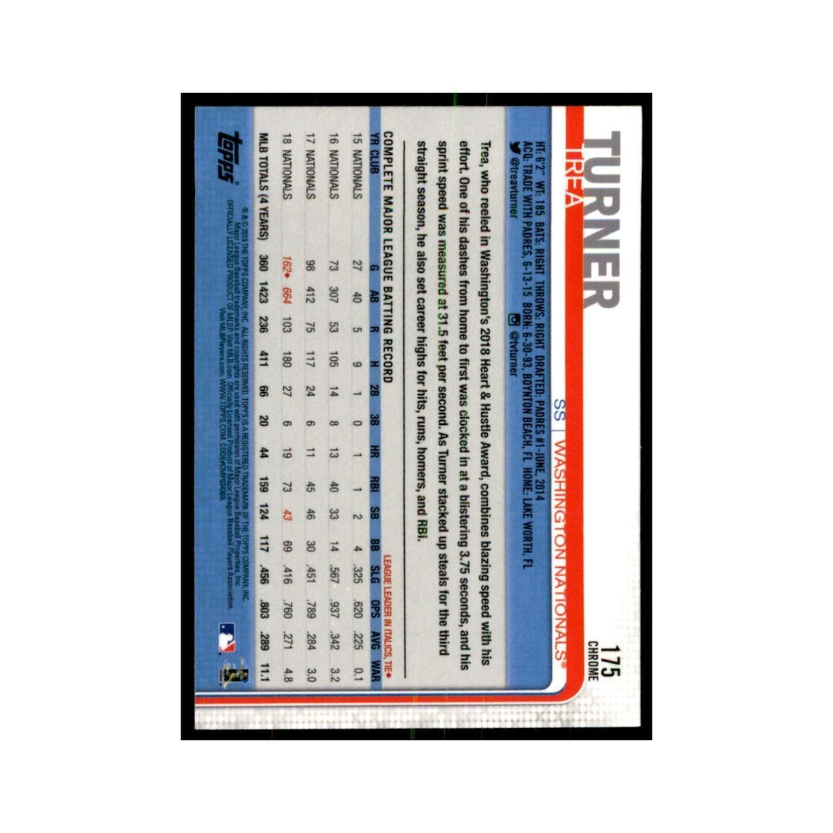 Trea Turner 2019 Topps Chrome #175 Baseball Cards Baseball Card NM
