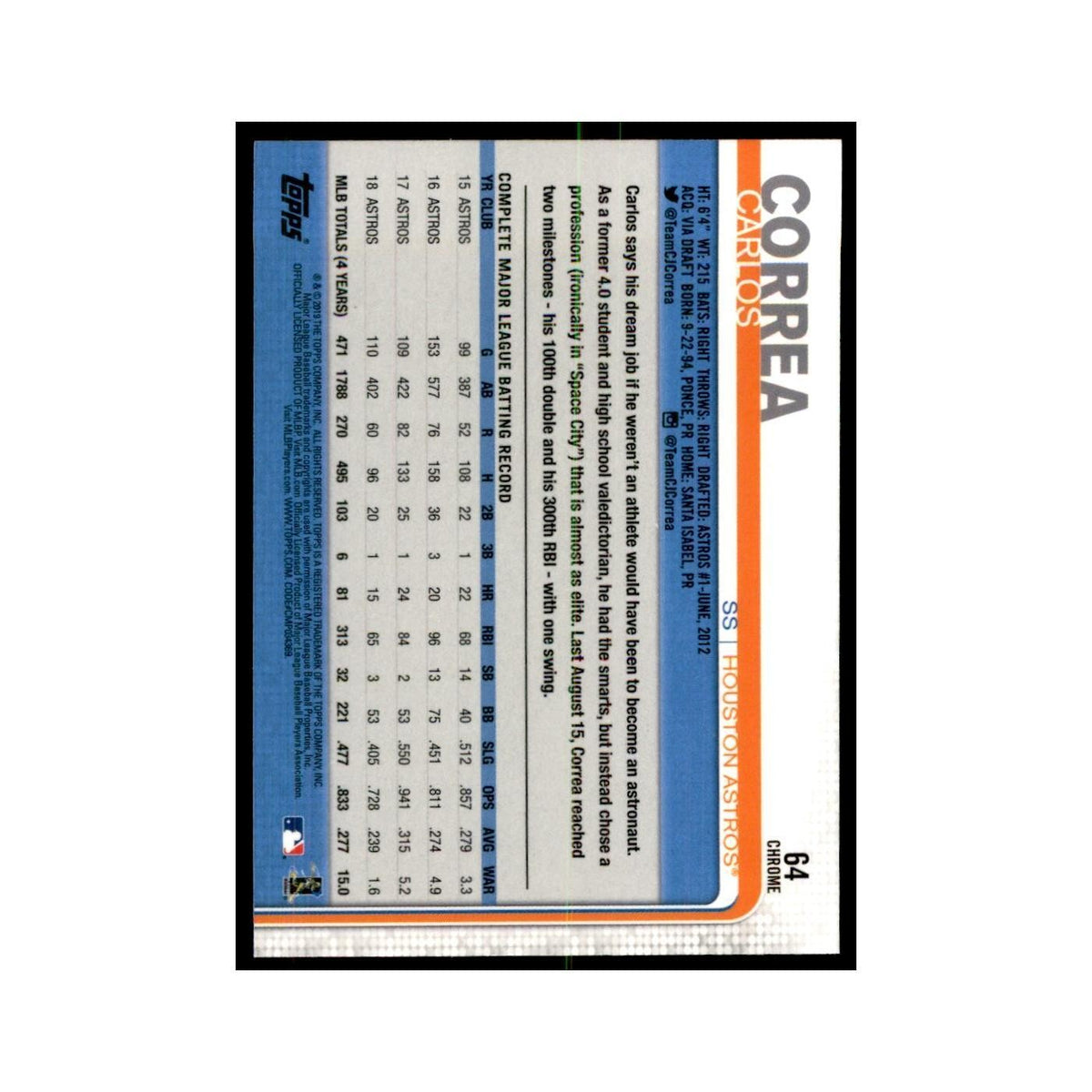 Carlos Correa 2019 Topps Chrome #64 Baseball Cards Baseball Card NM