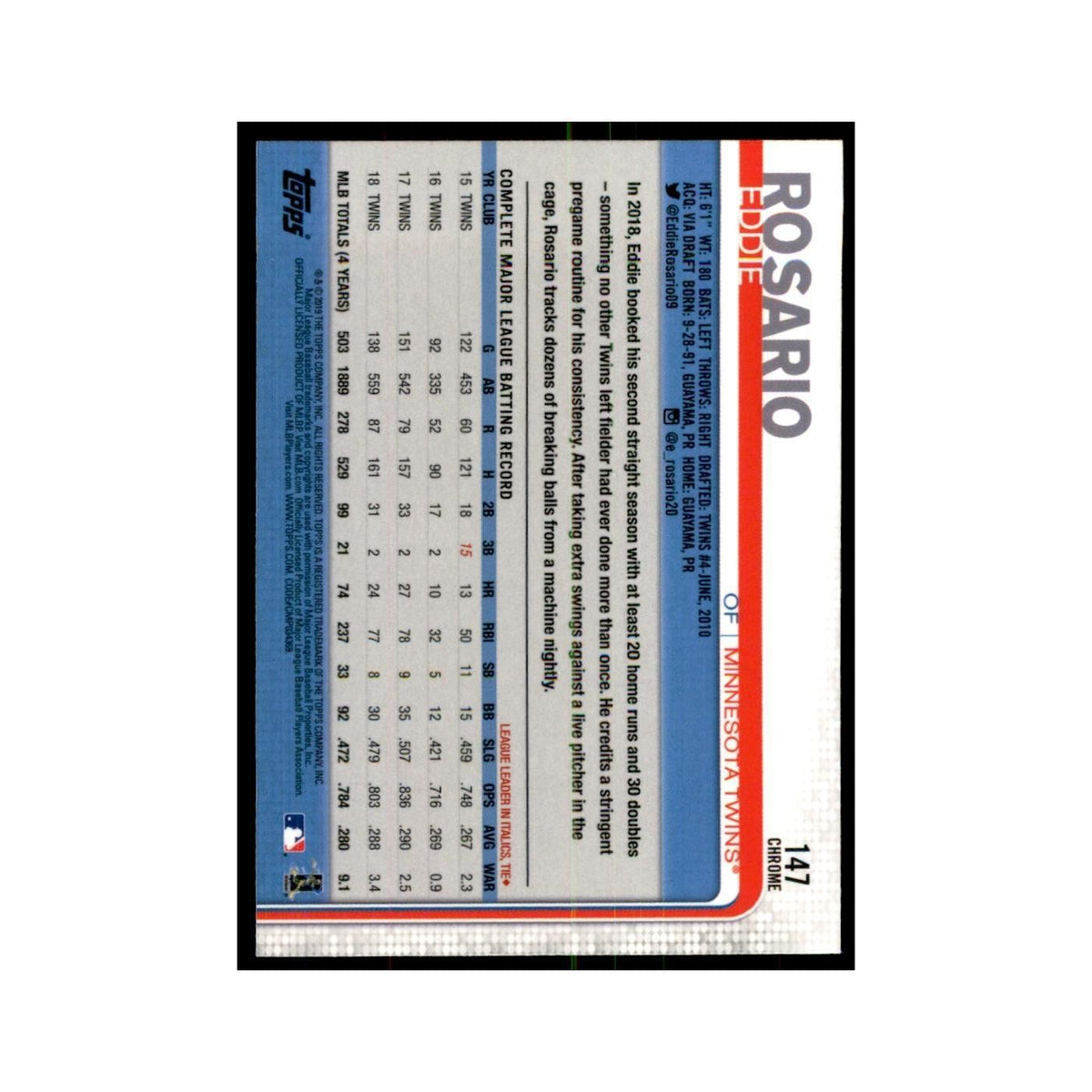 Eddie Rosario 2019 Topps Chrome #147 Baseball Cards Baseball Card NM