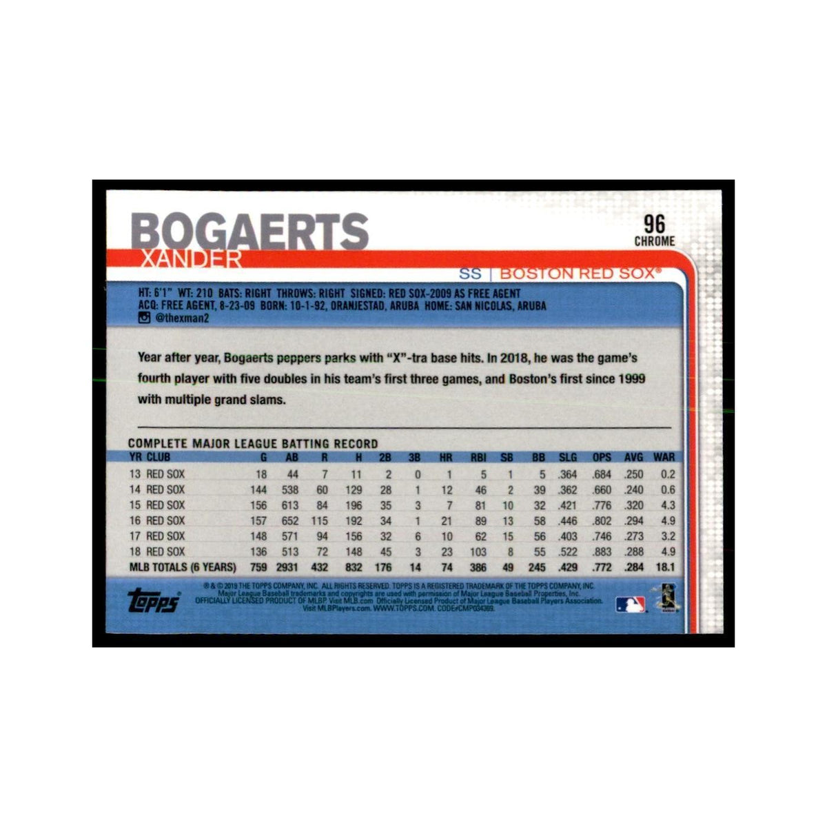 Xander Bogaerts 2019 Topps Chrome #96 Baseball Cards Baseball Card NM