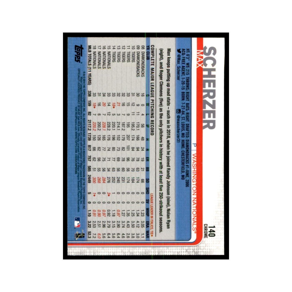 Max Scherzer 2019 Topps Chrome #140 Baseball Cards Baseball Card NM