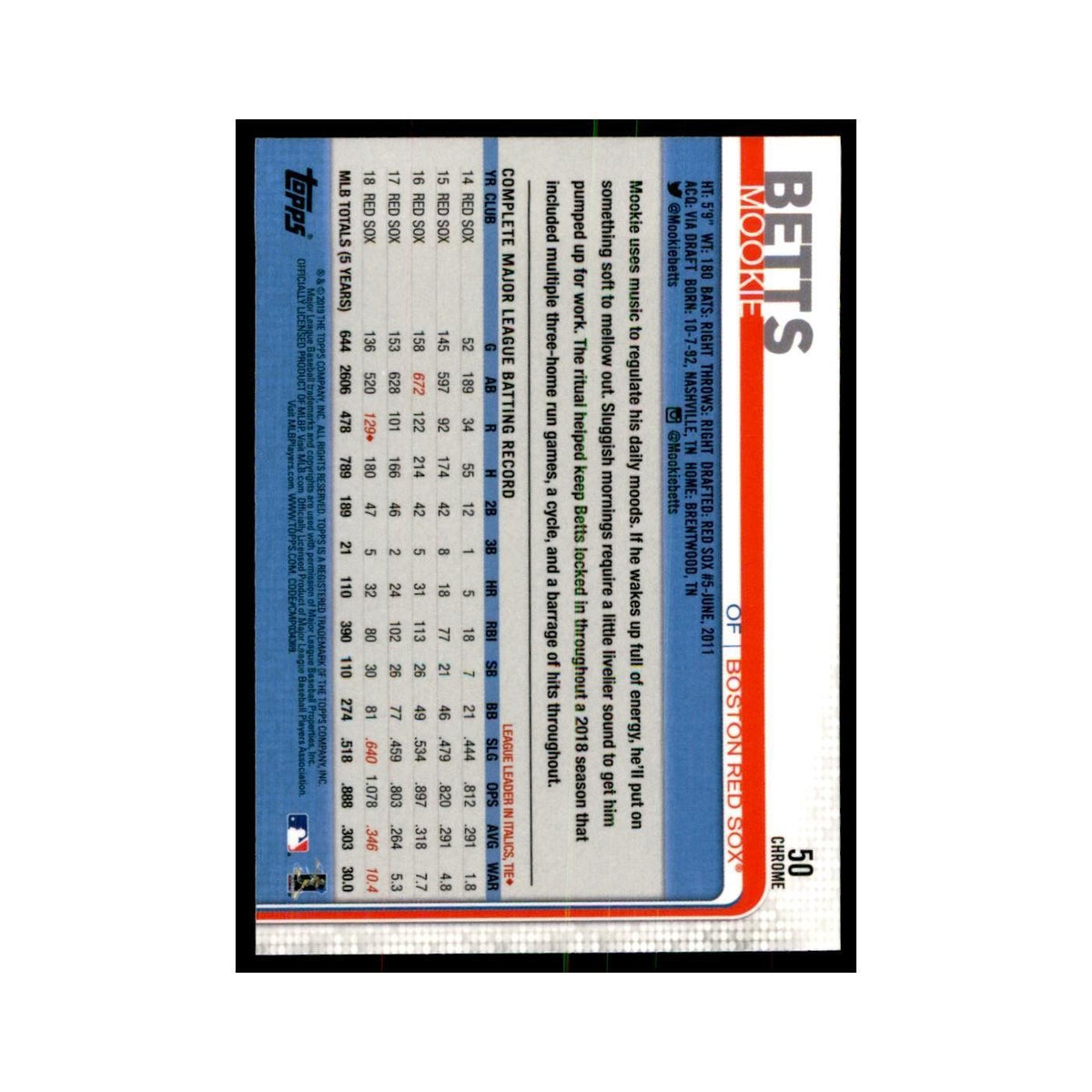 Mookie Betts 2019 Topps Chrome #50 Baseball Cards Baseball Card NM