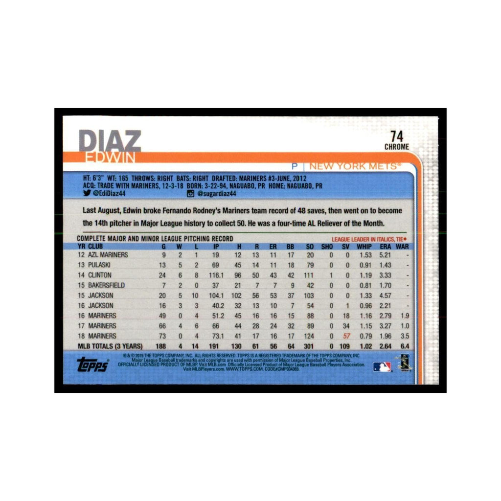 Edwin Diaz 2019 Topps Chrome #74 Baseball Cards Baseball Card NM