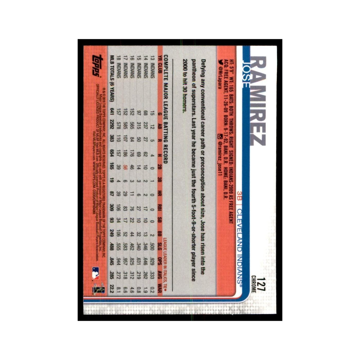 Jose Ramirez 2019 Topps Chrome #127 Baseball Cards Baseball Card NM