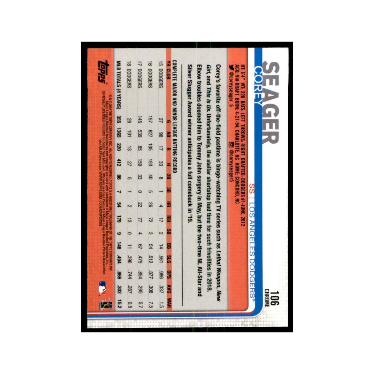 Corey Seager 2019 Topps Chrome #106 Baseball Cards Baseball Card NM