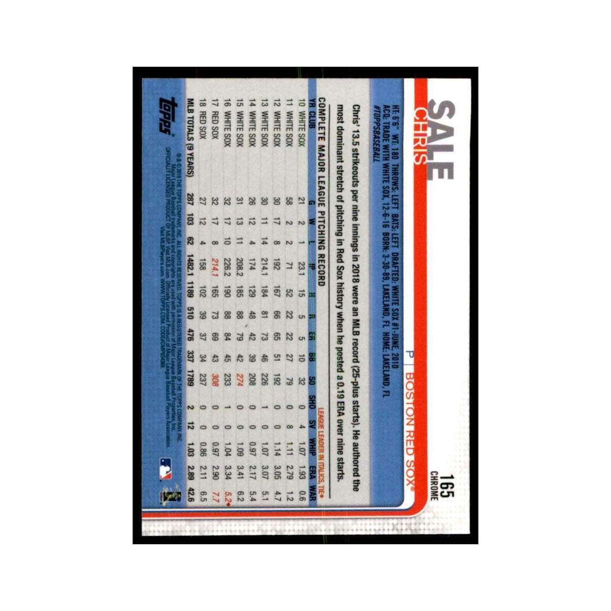 Chris Sale 2019 Topps Chrome #165 Baseball Cards Baseball Card NM