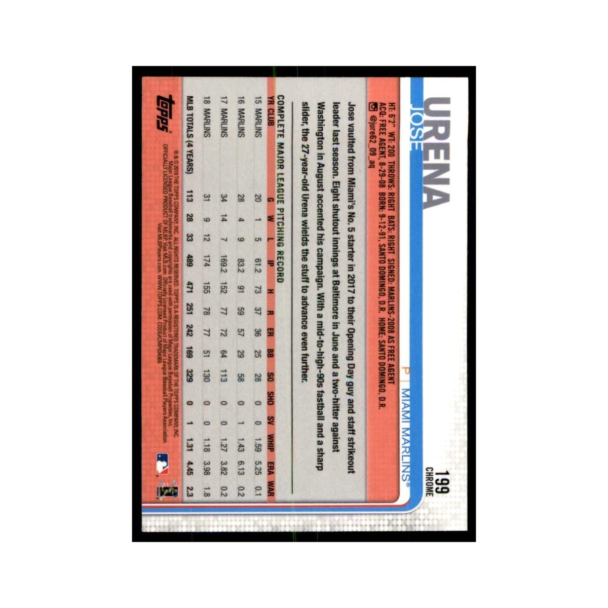 Jose Urena 2019 Topps Chrome #199 Baseball Cards Baseball Card NM