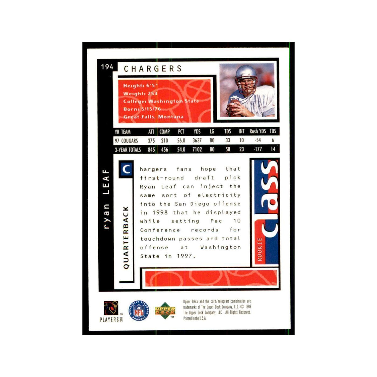 Ryan Leaf 1998 UD Choice #194 Football Cards Football Card NM