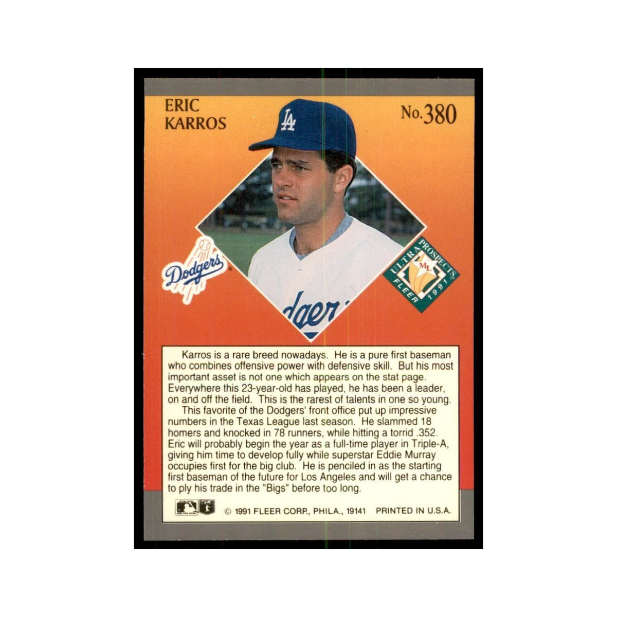 Eric Karros 1991 Fleer Ultra #380 Baseball Cards Baseball Card NM