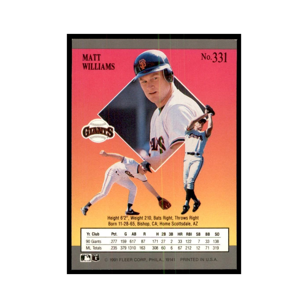 Matt Williams 1991 Fleer Ultra #331 Baseball Cards Baseball Card NM