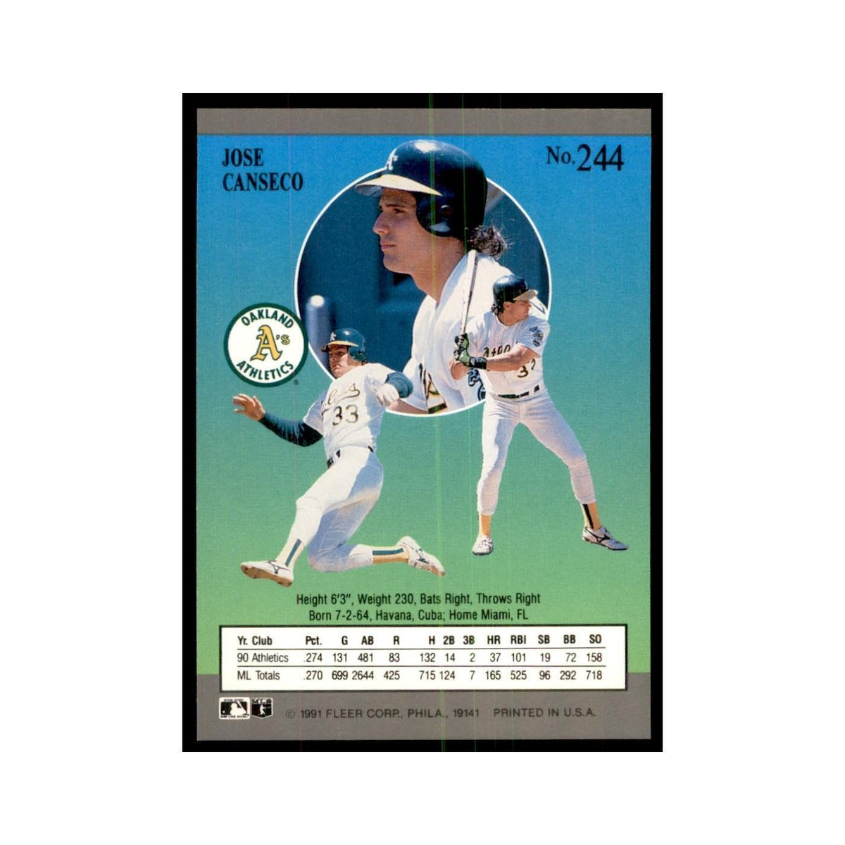 Jose Canseco 1991 Fleer Ultra #244 Baseball Cards Baseball Card NM