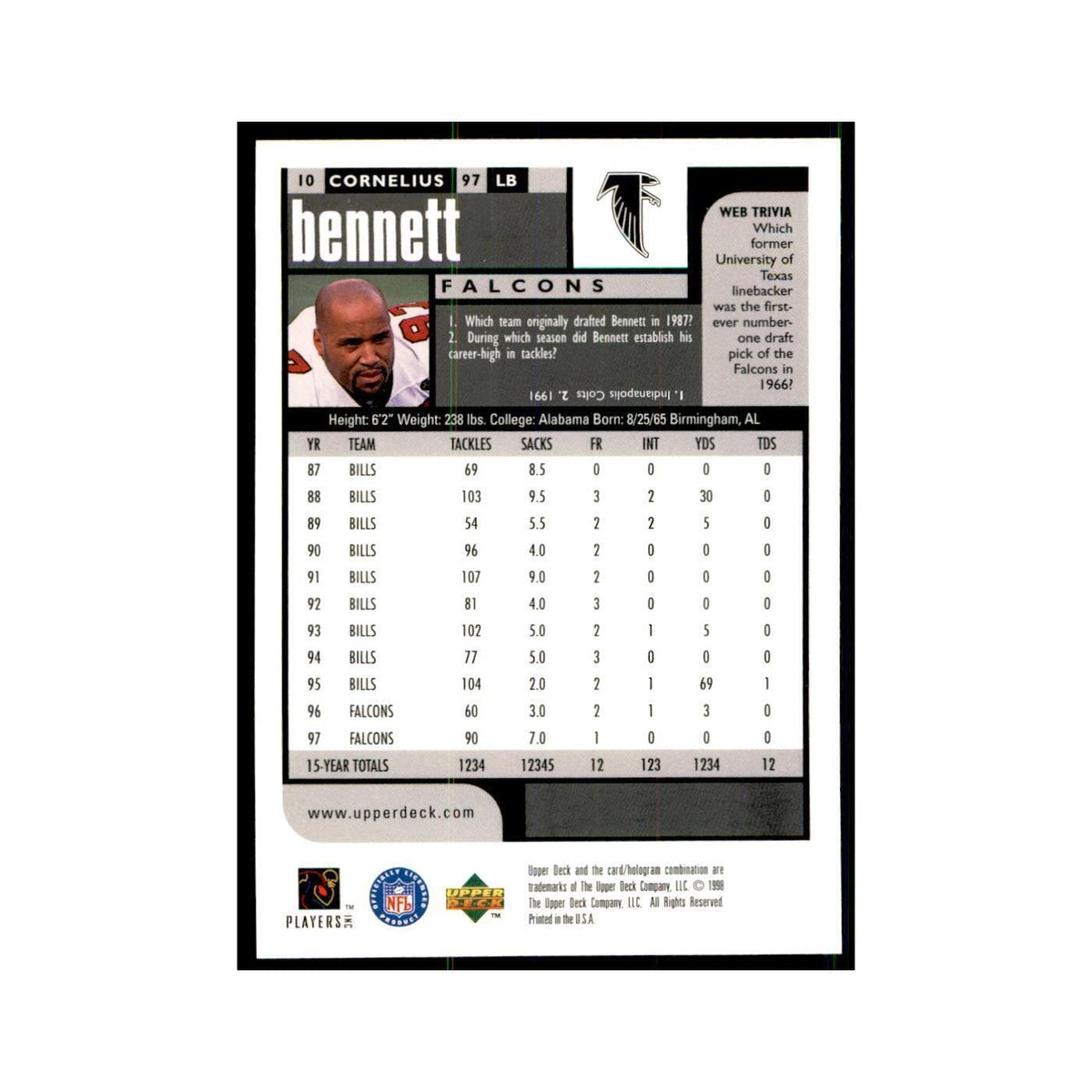 Cornelius Bennett 1998 UD Choice #10 Football Cards Football Card NM