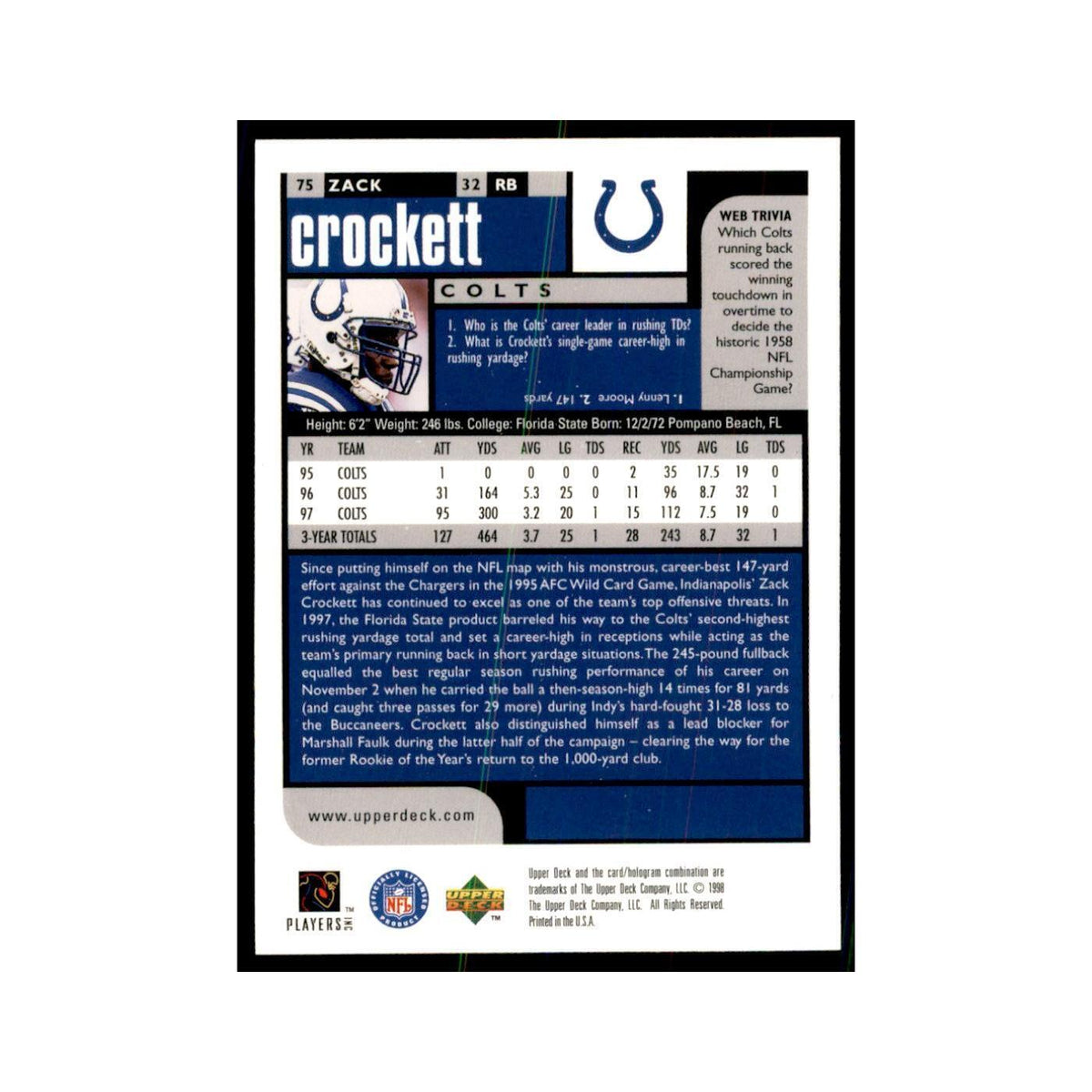 Zack Crockett 1998 UD Choice #75 Football Cards Football Card NM