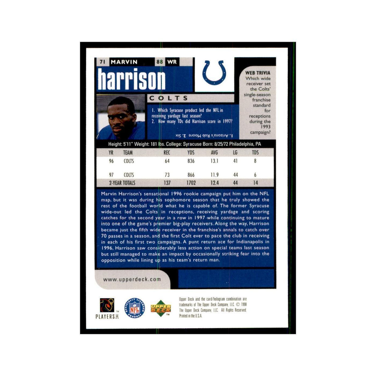 Marvin Harrison 1998 UD Choice #71 Football Cards Football Card NM