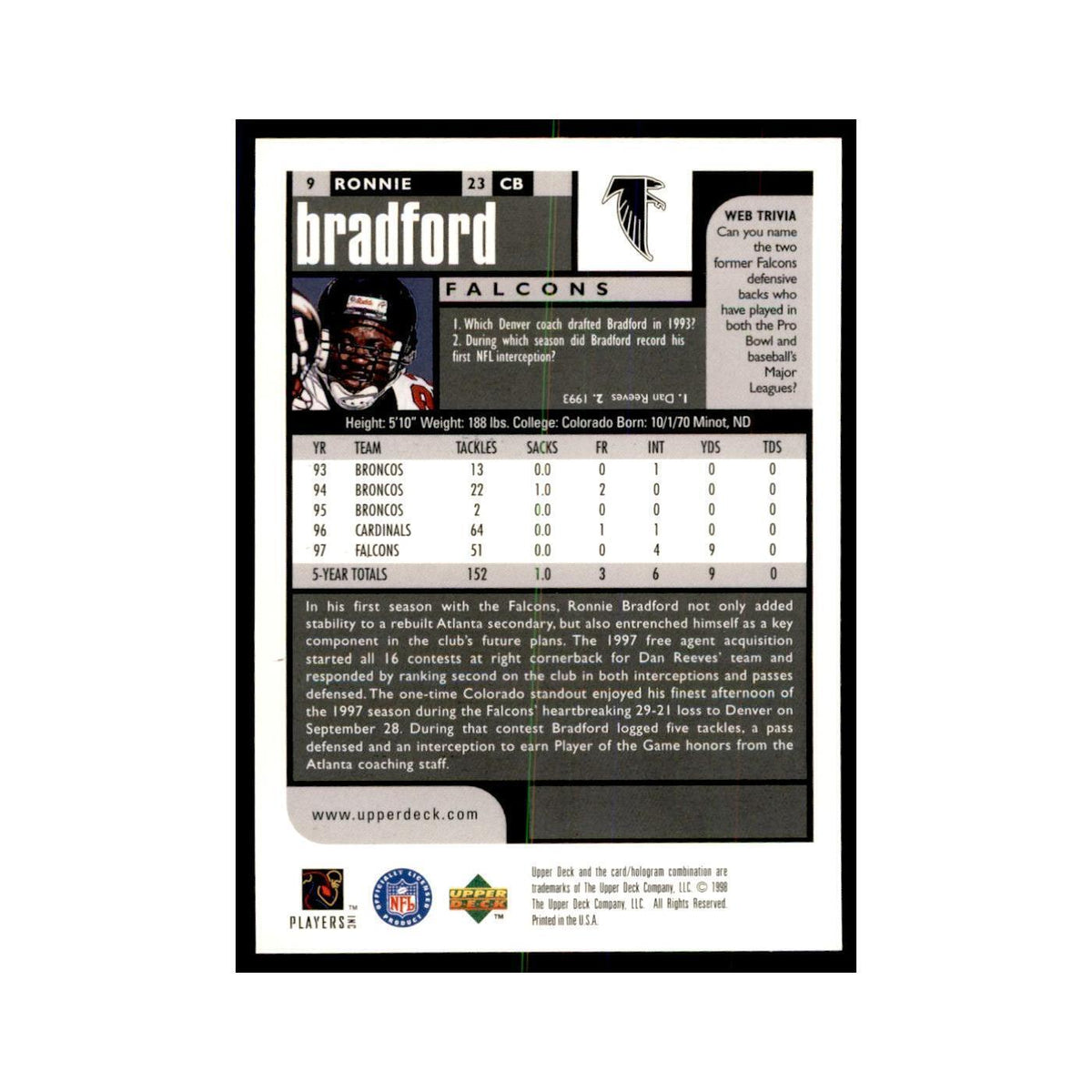 Ronnie Bradford 1998 UD Choice #9 Football Cards Football Card NM