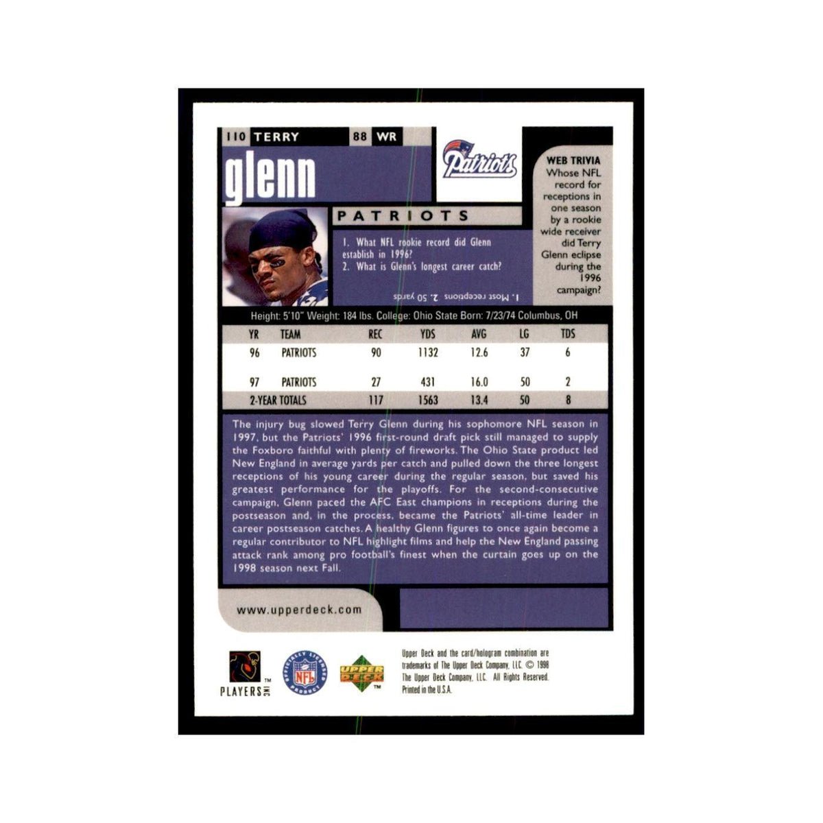 Terry Glenn 1998 UD Choice #110 Football Cards Football Card NM