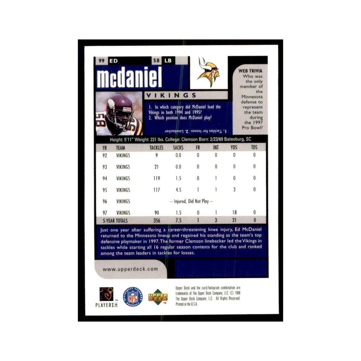 Ed McDaniel 1998 UD Choice #99 Football Cards Football Card NM