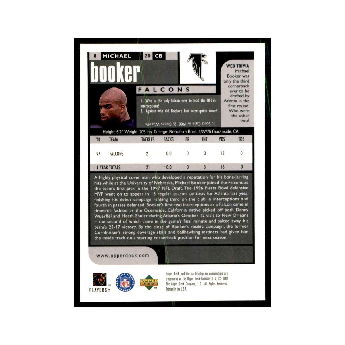 Michael Booker 1998 UD Choice #8 Football Cards Football Card NM
