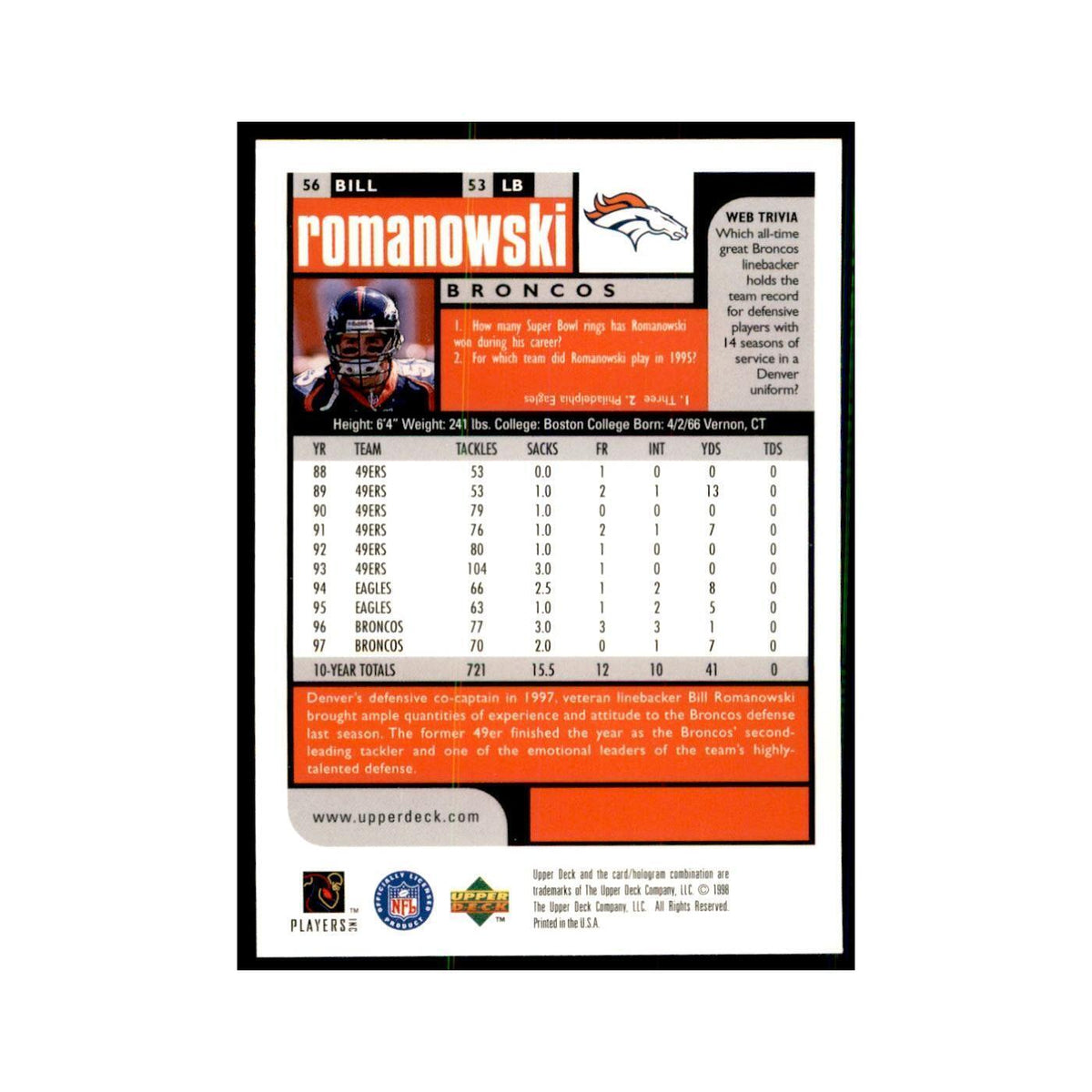 Bill Romanowski 1998 UD Choice #56 Football Cards Football Card NM