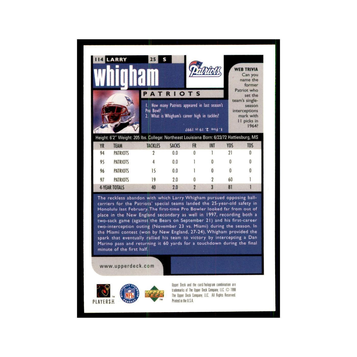 Larry Whigham 1998 UD Choice #114 Football Cards Football Card NM