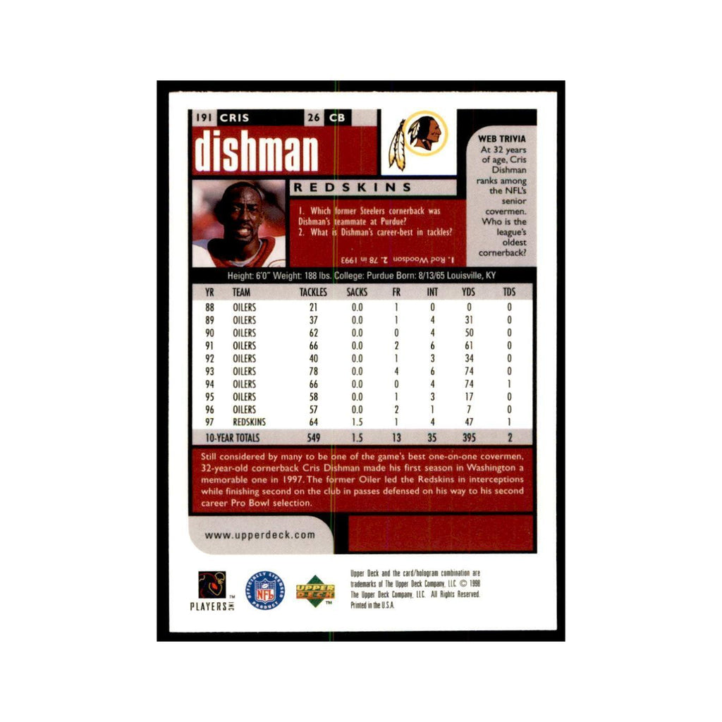 Cris Dishman 1998 UD Choice #191 Football Cards Football Card NM
