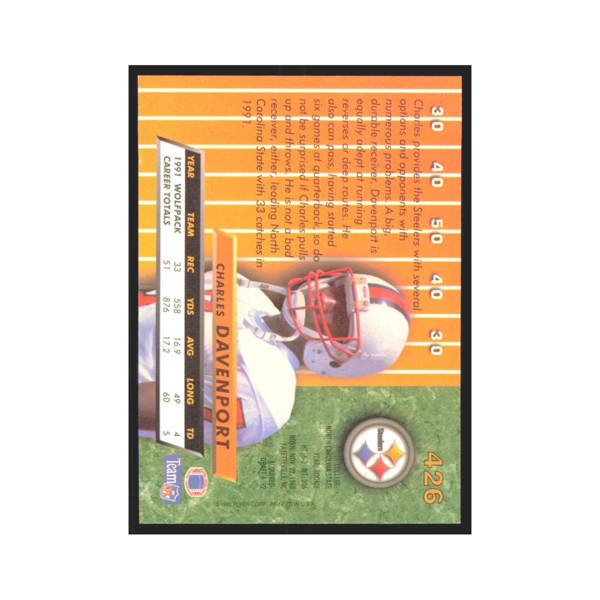 Charles Davenport 1992 Fleer Ultra #426 Football Cards Football Card NM