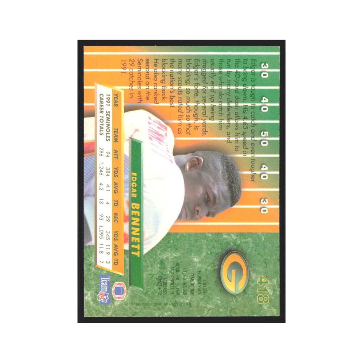 Edgar Bennett 1992 Fleer Ultra #418 Football Cards Football Card NM