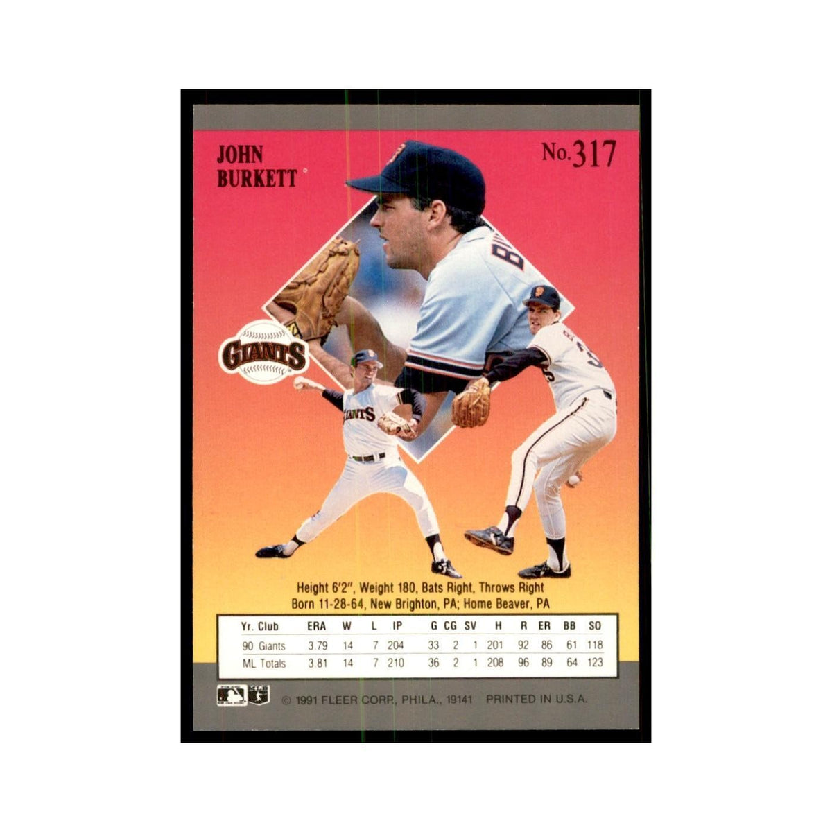 John Burkett 1991 Fleer Ultra #317 Baseball Cards Baseball Card NM