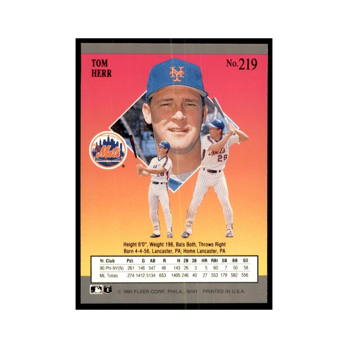Tom Herr 1991 Fleer Ultra #219 Baseball Cards Baseball Card NM