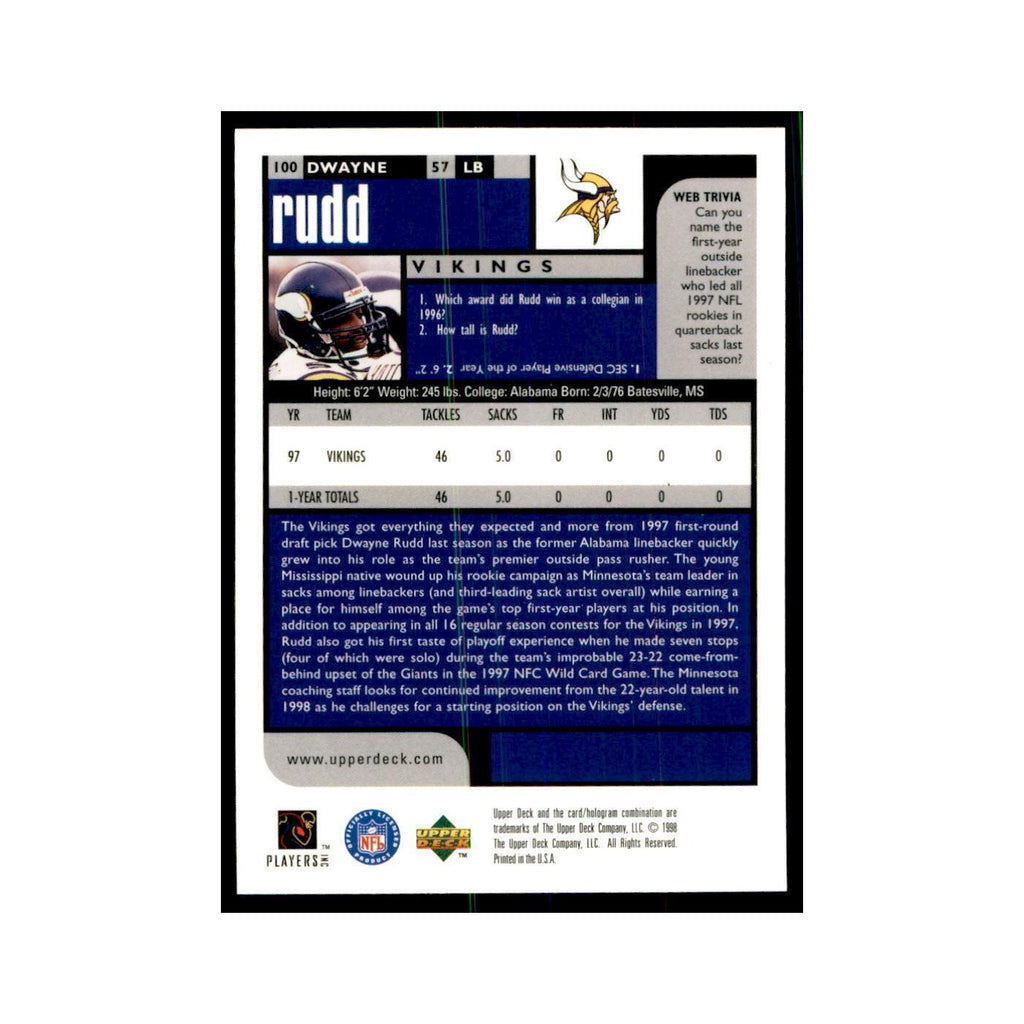 Dwayne Rudd 1998 UD Choice #100 Football Cards Football Card NM